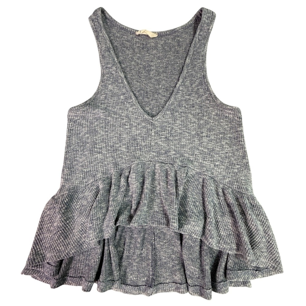 Womens Grey Ribbed Ruffle Peplum Tank Top V Neck Sleeveless Casual Small‎